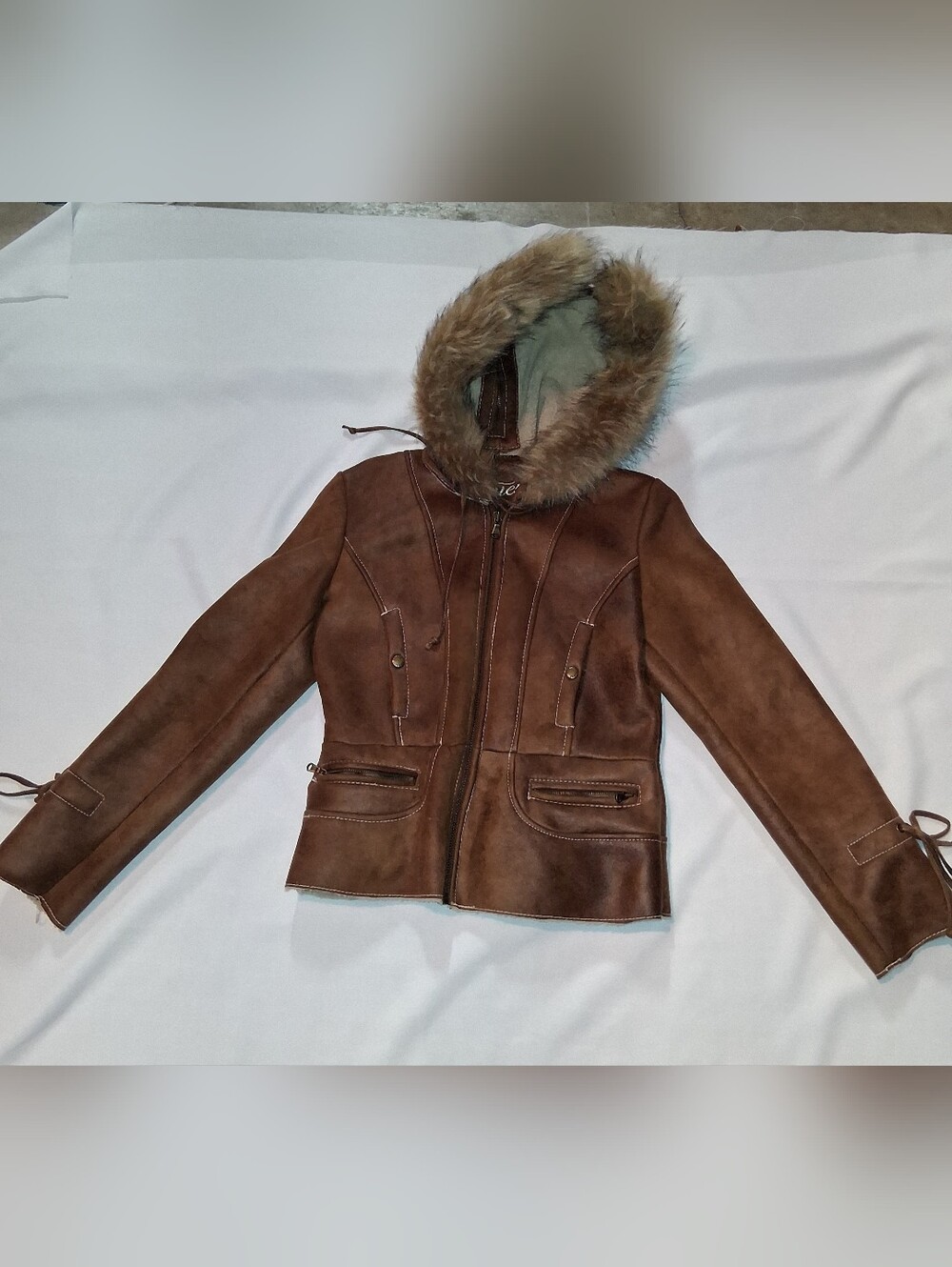 Guess Brown Faux-Shearling Hooded Leather Jacket